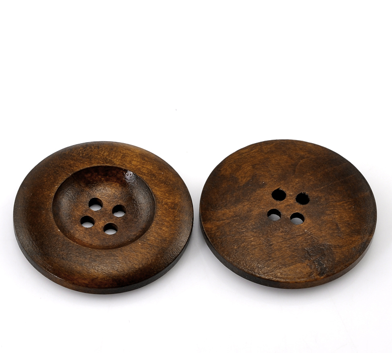 Picture of Natural Wood Sewing Buttons Scrapbooking 4 Holes Round Dark Coffee 3.5cm(1 3/8") Dia, 20 PCs