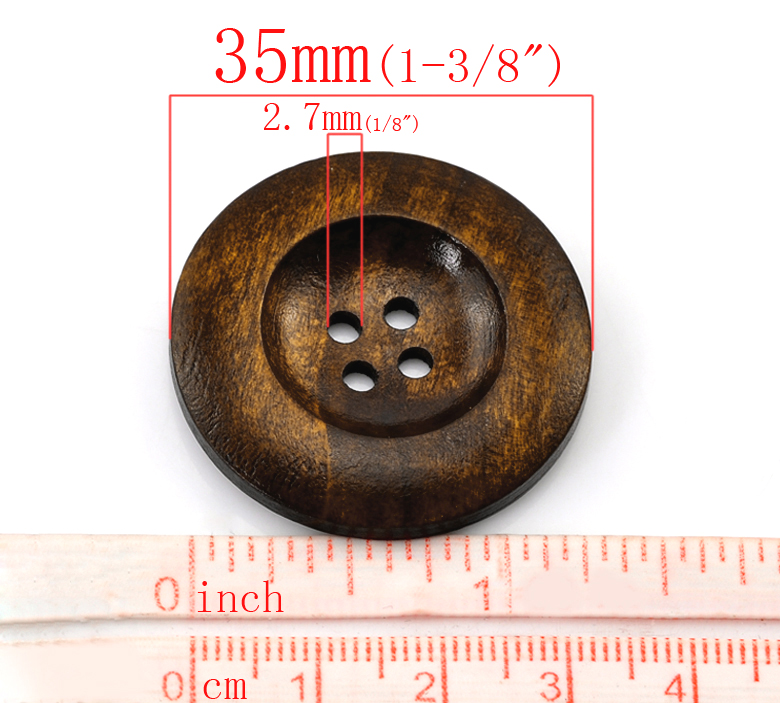 Picture of Natural Wood Sewing Buttons Scrapbooking 4 Holes Round Dark Coffee 3.5cm(1 3/8") Dia, 20 PCs