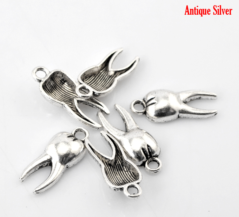 Picture of 20PCs Antique Silver Color Teeth Charm Pendants 20x8mm(6/8"x3/8")