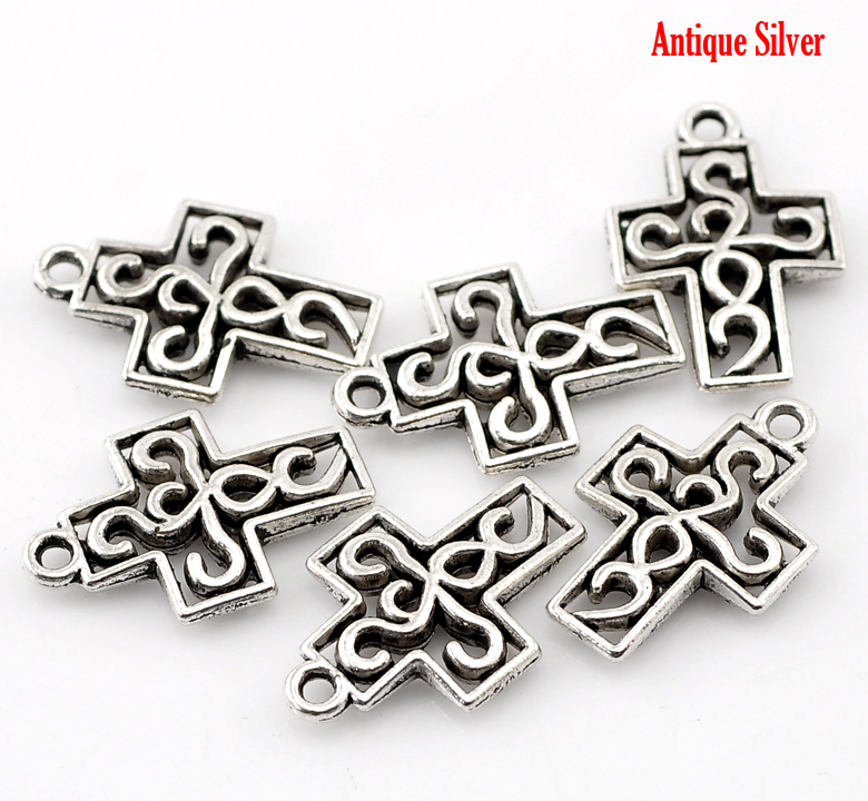 Picture of Zinc Based Alloy Easter Charms Filigree Cross Antique Silver Color 19x13mm(6/8"x4/8"), 50 PCs
