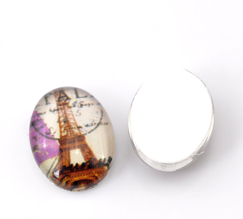 Picture of Glass Dome Seals Cabochons Oval Flatback Multicolor Eiffel Tower Pattern 18mm( 6/8") x 13mm( 4/8"), 30 PCs