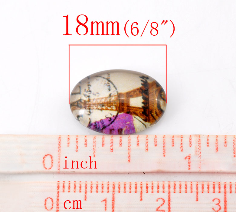 Picture of Glass Dome Seals Cabochons Oval Flatback Multicolor Eiffel Tower Pattern 18mm( 6/8") x 13mm( 4/8"), 30 PCs
