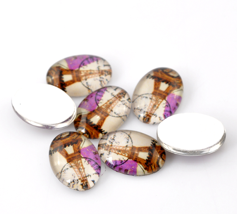 Picture of Glass Dome Seals Cabochons Oval Flatback Multicolor Eiffel Tower Pattern 18mm( 6/8") x 13mm( 4/8"), 30 PCs