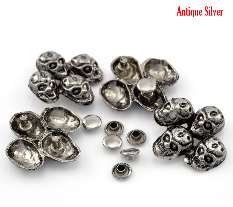 Picture of Zin Based Alloy Spike Rivet Studs Four Halloween Skull Antique Silver Color 34x33mm(1 3/8"x1 2/8") 8x3.5mm(3/8"x1/8"), 10 Sets