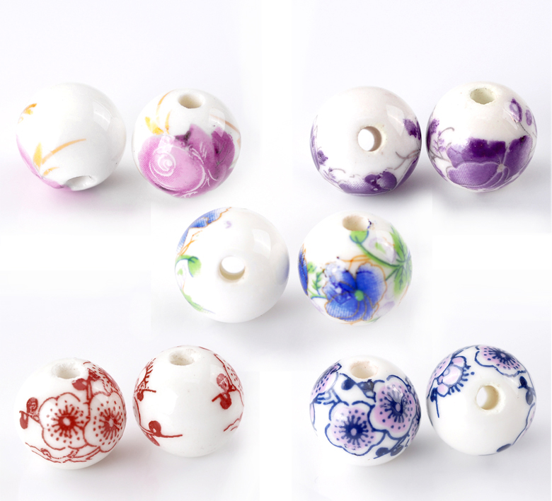 Picture of Ceramics Beads Ball Mixed Color Flower Pattern 12mm Dia, Hole: Approx 2.5mm, 30 PCs