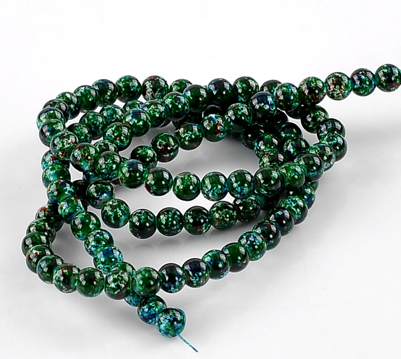 Immagine di Vetro Sciolto Perline Tondo Verde Modello Disegno Circa 8mm Dia, Foro: Circa 1mm, 80cm lunghezza: 5 Fili （Circa105 Pezzi/Treccia)