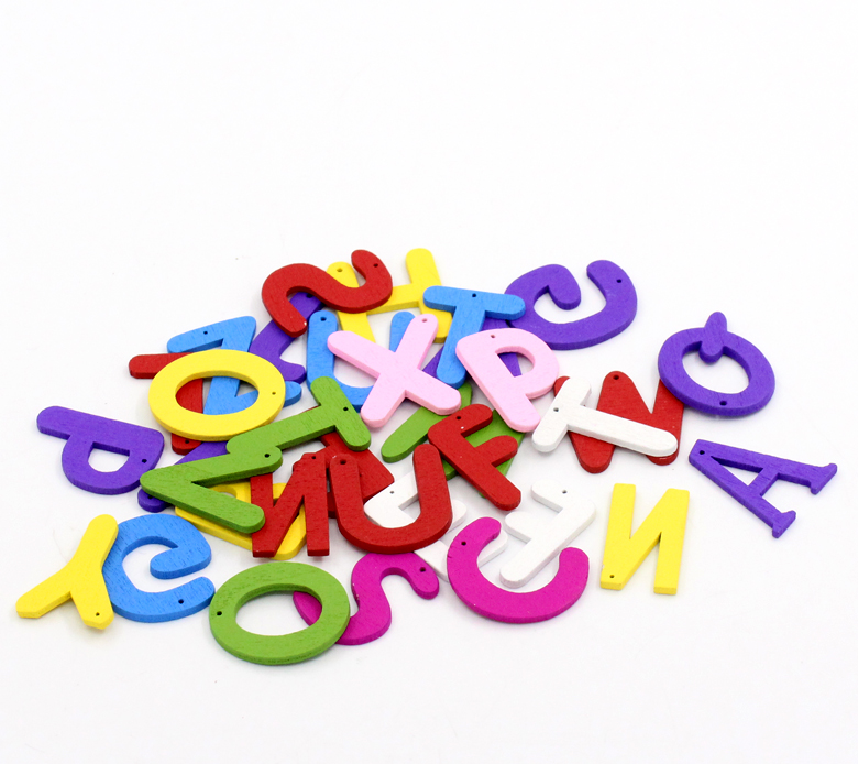Picture of Wood Charms Initial Alphabet/ Letter "A-Z" At Random Mixed 25x6mm(1"x2/8") - 25x24mm(1"x1"), 100 PCs