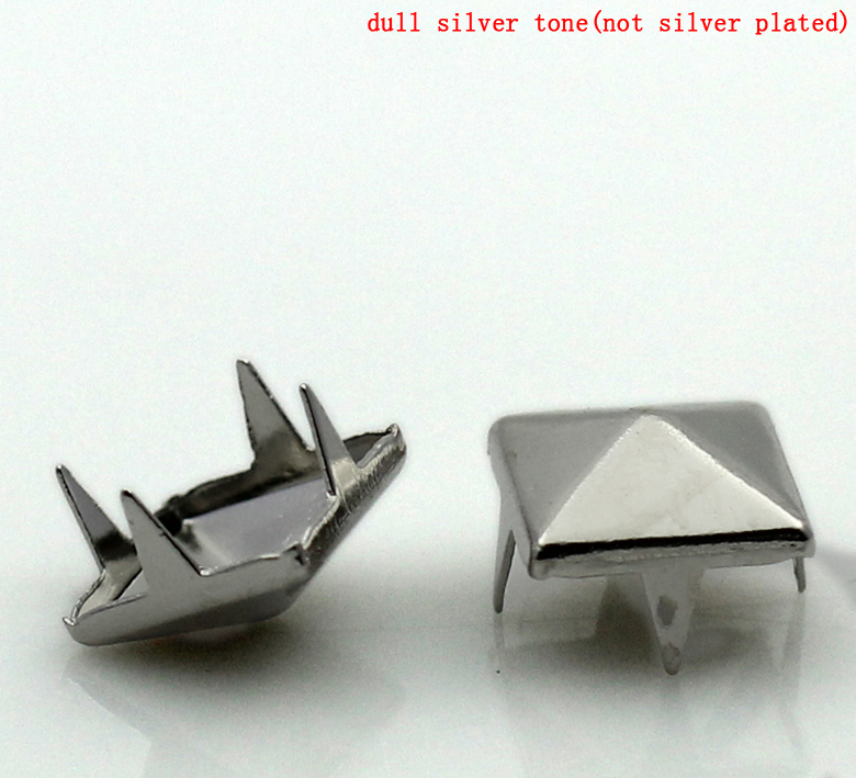 Picture of Brass Spike Rivet Studs Square Pyramid Silver Tone Faceted 9x9mm(3/8"x3/8"), 200 PCs