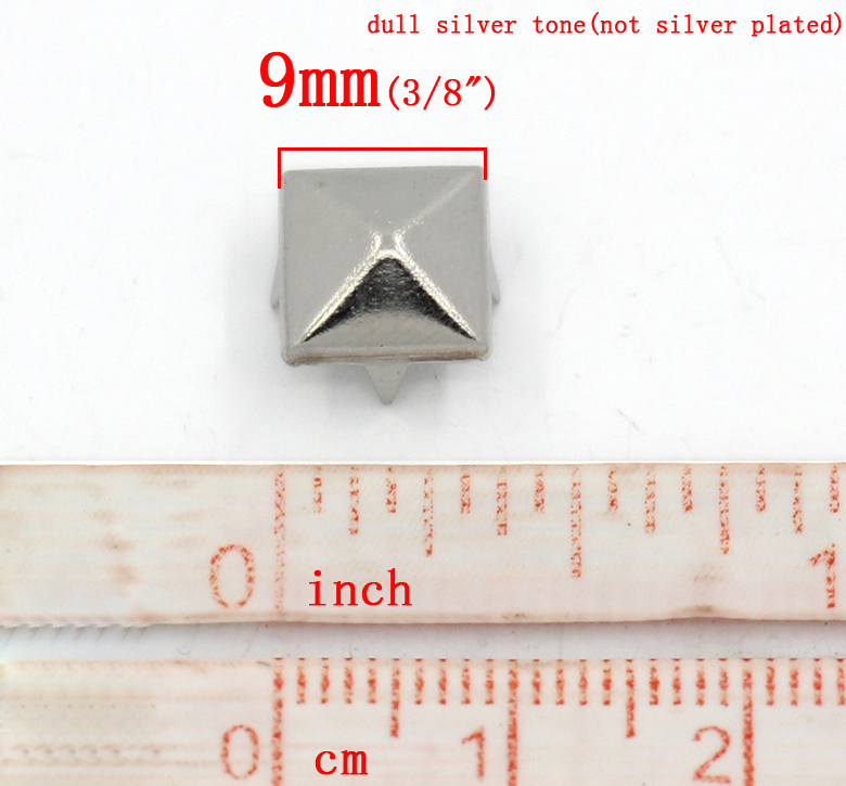 Picture of Brass Spike Rivet Studs Square Pyramid Silver Tone Faceted 9x9mm(3/8"x3/8"), 200 PCs