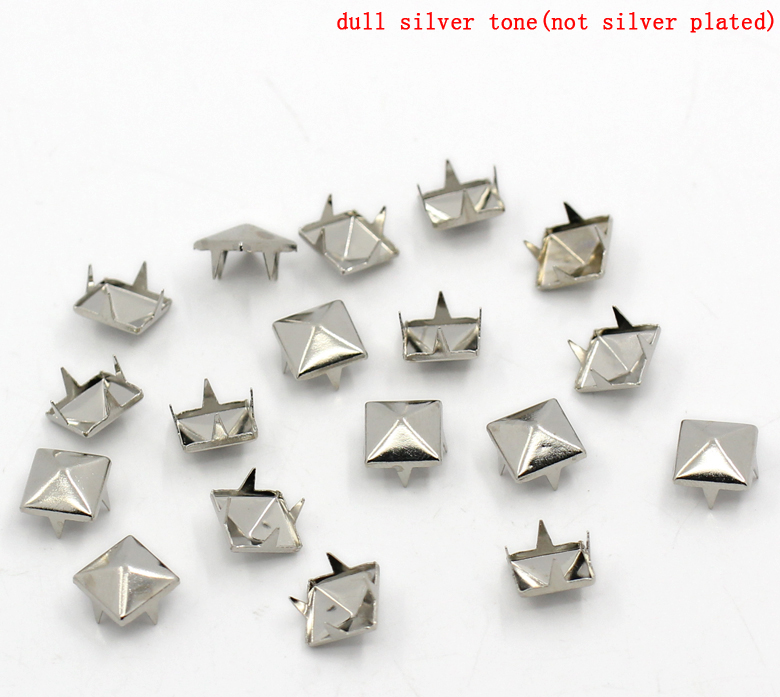 Picture of Brass Spike Rivet Studs Square Pyramid Silver Tone Faceted 9x9mm(3/8"x3/8"), 200 PCs