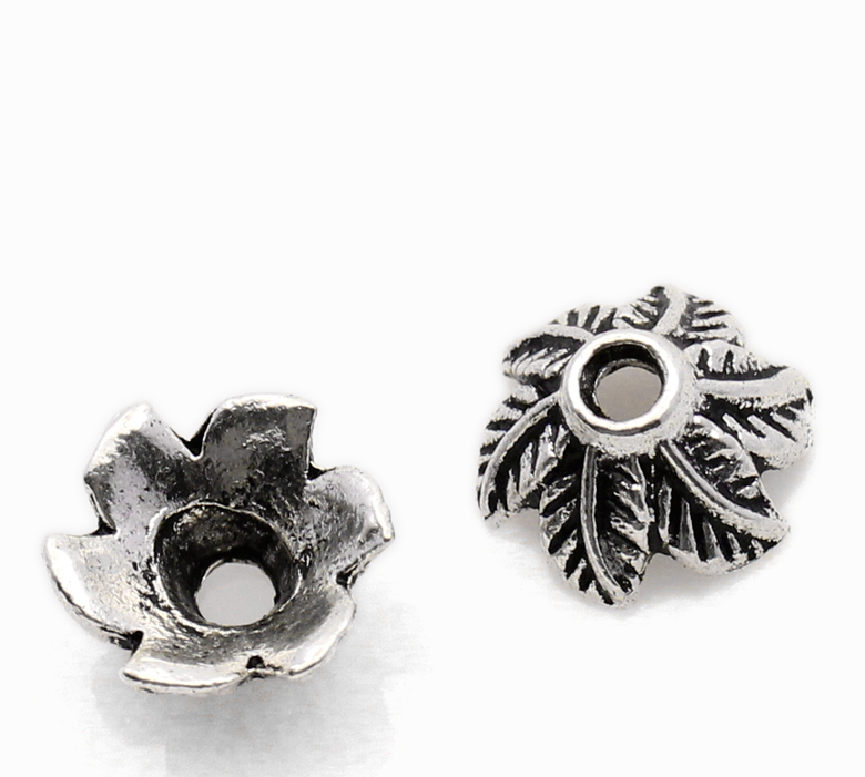 Picture of Zinc Based Alloy Beads Caps Flower Antique Silver Color Leaf Pattern (Fits 12mm-14mm Beads) 11mm x 11mm, 100 PCs