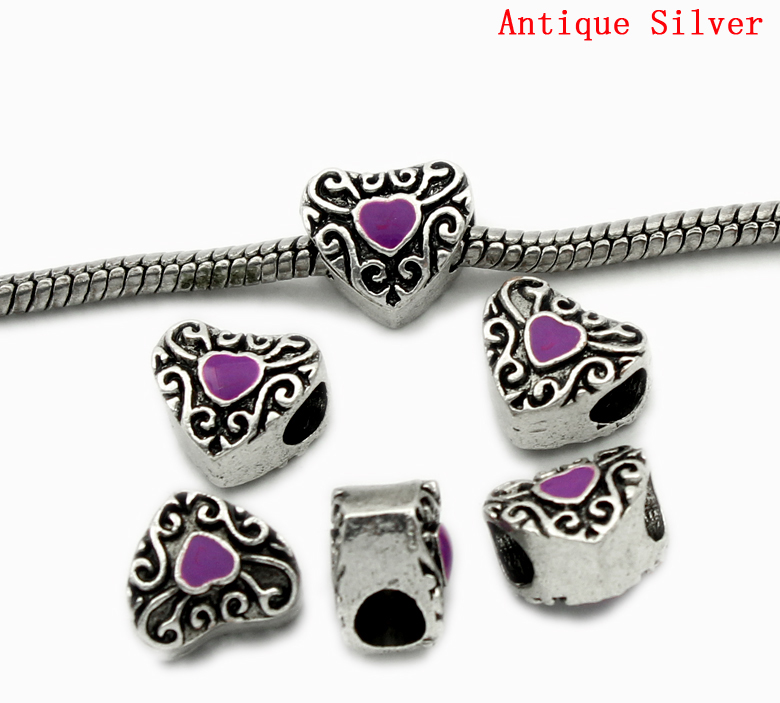 Imagen de Cuentas Agujeros Grandes Estilo Europeo Aleación del Metal Del Zinc de Corazón Púrpura Plata Antigua Rhinestone 12.0mm x 11.0mm, Aguero: acerca de 4.7mm, 20 Unidades