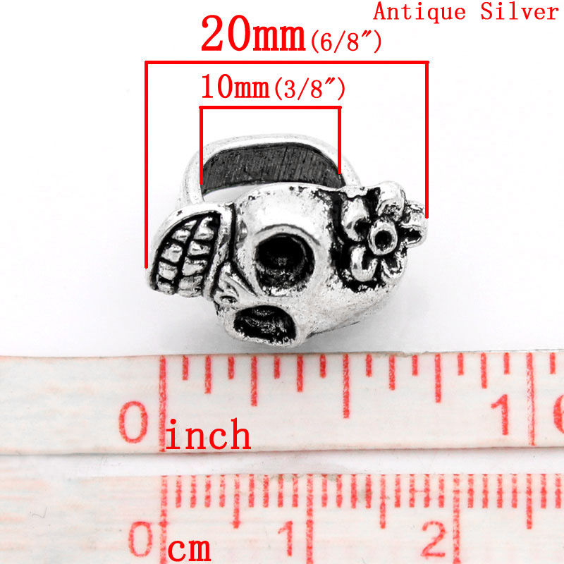 Image de Perles en Alliage de Zinc Jour des Morts Crâne Mexicain Argent Antique Fleurs Gravé 20mm x 13mm, Taille de Trou: 10mm x 7mm, 10 Pcs