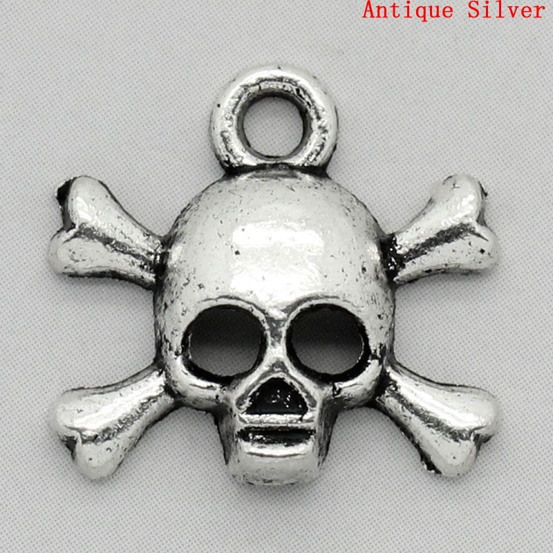 Image de Breloques en Alliage de Zinc Tête de Mort Crâne Halloween Argent Vieilli 14x14mm, 50 Pcs 