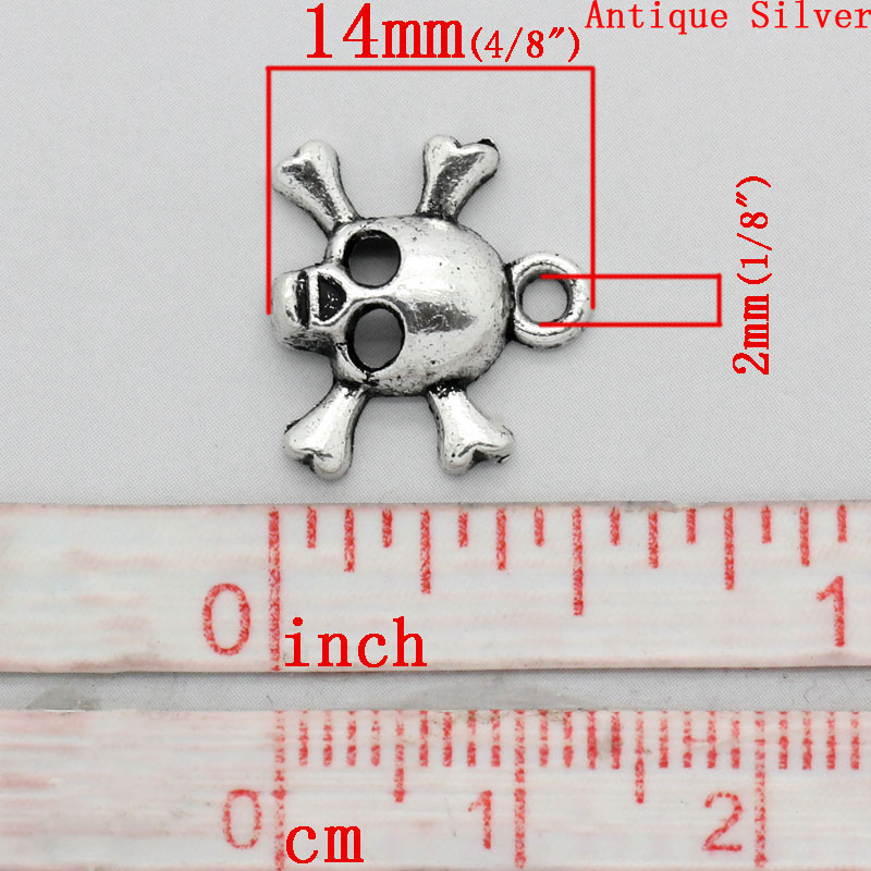 Image de Breloques en Alliage de Zinc Tête de Mort Crâne Halloween Argent Vieilli 14x14mm, 50 Pcs 