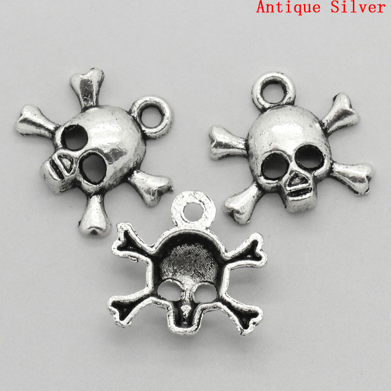 Image de Breloques en Alliage de Zinc Tête de Mort Crâne Halloween Argent Vieilli 14x14mm, 50 Pcs 