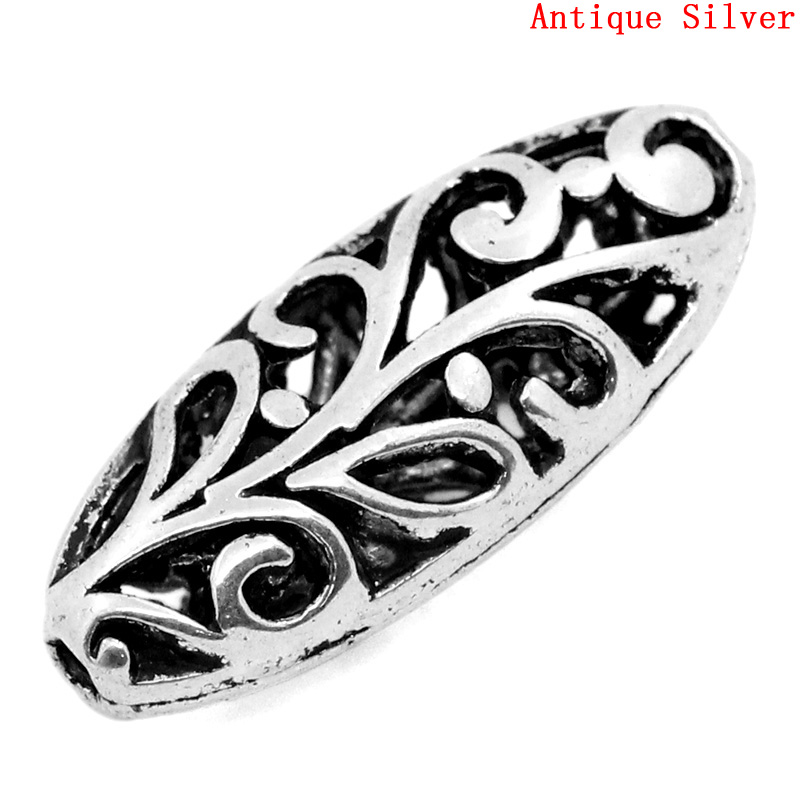 Picture of Zinc Based Alloy Spacer Beads Oval Antique Silver Color Flower Hollow Carved About 23mm x 10mm, Hole:Approx 1.5mm, 20 PCs