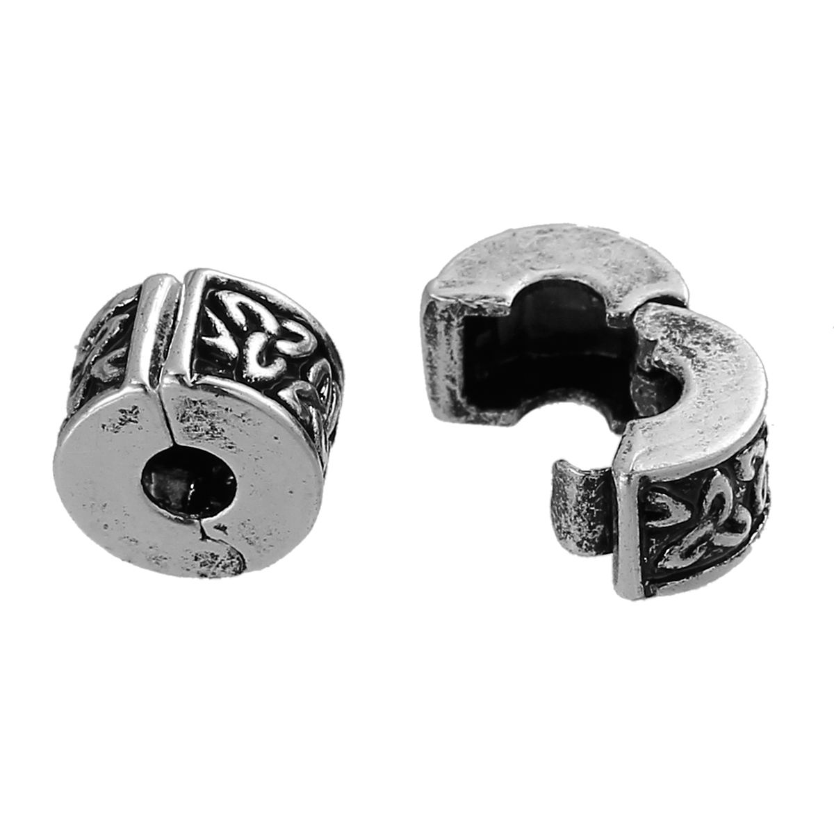 Imagen de Latón Estilo Europeo Clips & Cierres Ronda Plata Antigua Patrón 10mm x 6mm , 10 Unidades