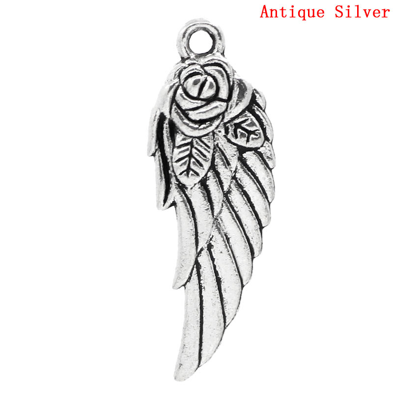 Изображение Цинковый сплав Подвеска Античное Серебро "Крылья" с узором "Цветы"31mm(1 2/8") x 11mm( 3/8"), 30 шт/уп