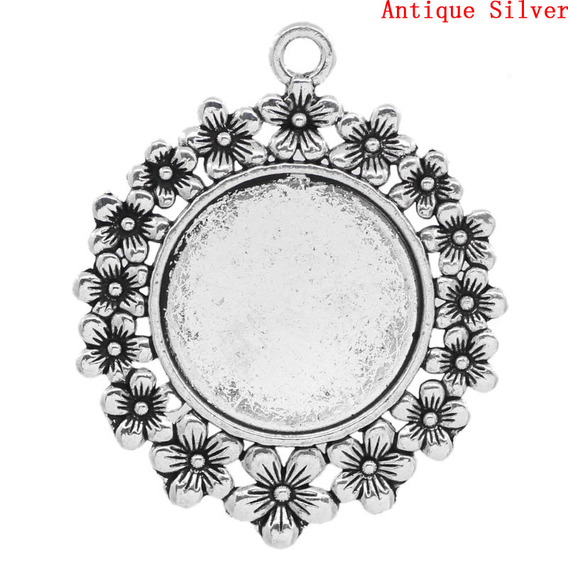 Picture of Zinc Based Alloy Cabochon Setting Pendants Round Disc Flower Antique Silver Color (Fits 25mm Dia.) 5.2cm x 4.2cm, 5 PCs