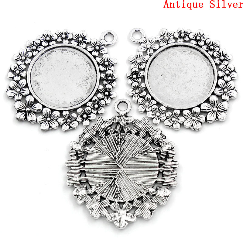 Picture of Zinc Based Alloy Cabochon Setting Pendants Round Disc Flower Antique Silver Color (Fits 25mm Dia.) 5.2cm x 4.2cm, 5 PCs