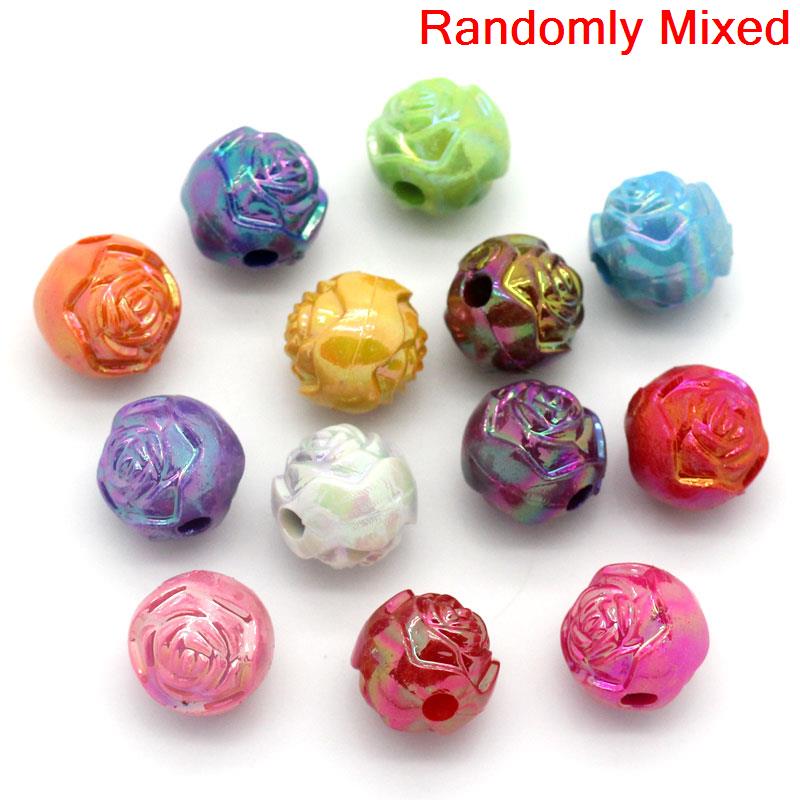 Picture of Acrylic Bubblegum Beads Round At Random Mixed AB Color Flower Carved About 8mm Dia, Hole: Approx 1.8mm, 200 PCs