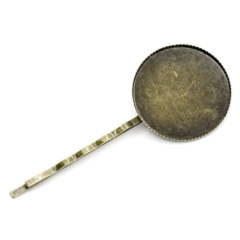 Picture of 2 PCs Brass Hair Clips Findings Antique Bronze Round Ripple Cabochon Settings (Fits 25mm Dia.) 64mm x 26mm