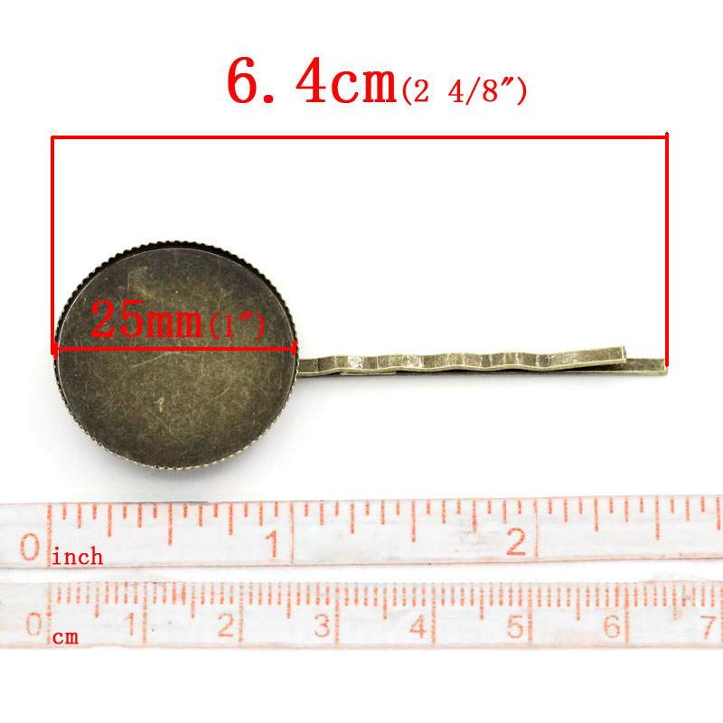 Picture of 2 PCs Brass Hair Clips Findings Antique Bronze Round Ripple Cabochon Settings (Fits 25mm Dia.) 64mm x 26mm