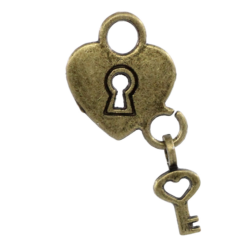 Picture of Charm Pendants Heart Lock&Key Antique Bronze 26x14.5mm,50PCs