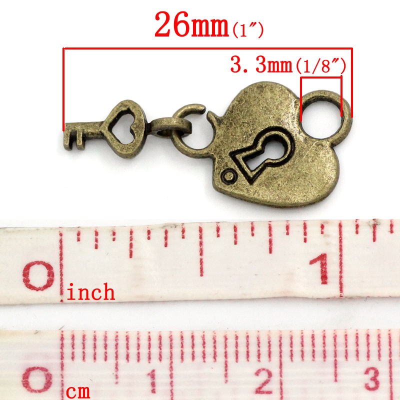 Picture of Charm Pendants Heart Lock&Key Antique Bronze 26x14.5mm,50PCs