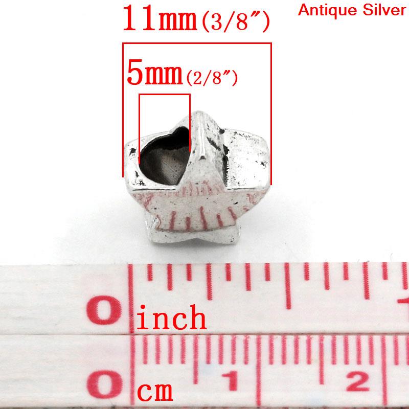 Picture of Zinc Metal Alloy European Style Large Hole Charm Beads Star Antique Silver Color Color Plated About 12mm x 11mm, Hole: Approx 5mm, 30 PCs