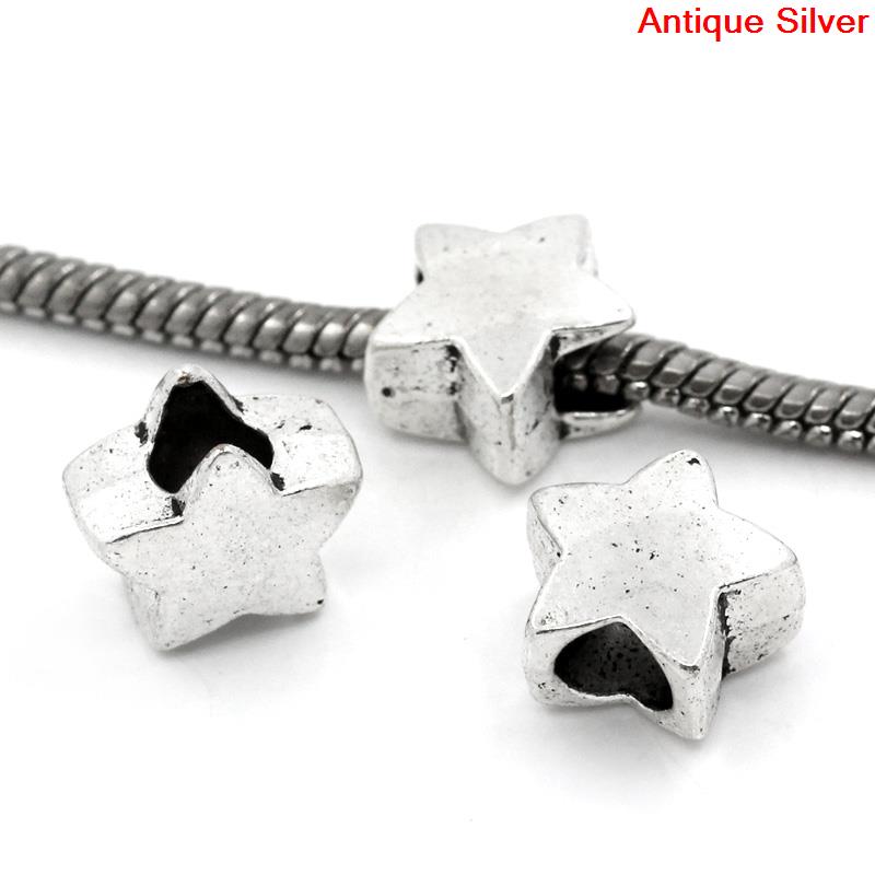 Picture of Zinc Metal Alloy European Style Large Hole Charm Beads Star Antique Silver Color Color Plated About 12mm x 11mm, Hole: Approx 5mm, 30 PCs