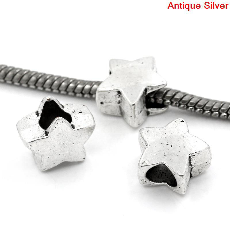 Picture of Zinc Metal Alloy European Style Large Hole Charm Beads Star Antique Silver Color Color Plated About 12mm x 11mm, Hole: Approx 5mm, 30 PCs