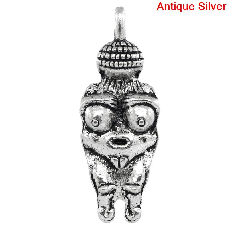 Picture of Zinc Based Alloy Maya Charm Pendants Venus Of Willendorf Fertility Goddess Pregnancy Antique Silver Color 3.3x1.2cm,20PCs