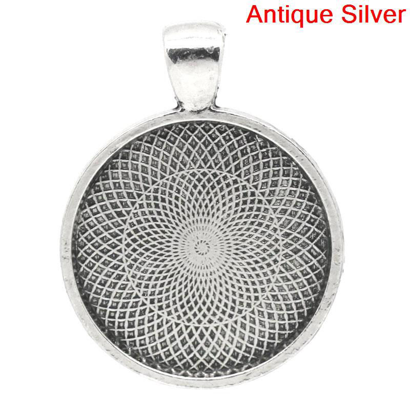 Picture of 50 PCs Zinc Based Alloy Cabochon Settings Pendants Round Disc Antique Silver Color Stripe (Fits 25mm Dia.) 3.6cm x 2.8cm