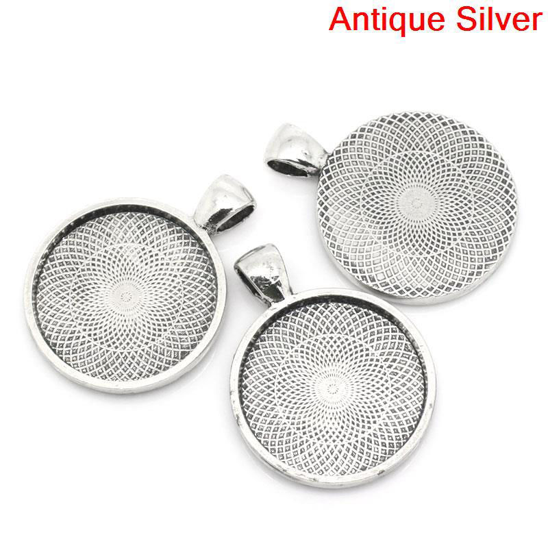 Picture of 50 PCs Zinc Based Alloy Cabochon Settings Pendants Round Disc Antique Silver Color Stripe (Fits 25mm Dia.) 3.6cm x 2.8cm