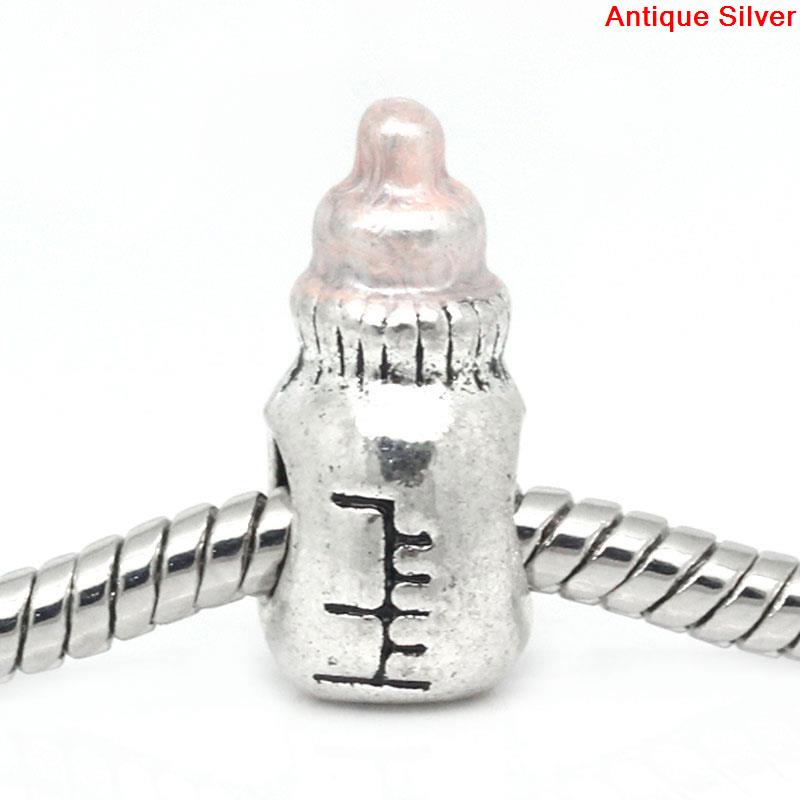 Picture of Zinc Metal Alloy European Style Large Hole Charm Beads Milk Bottle Antique Silver Color Pink Enamel About 16mm x 9mm, Hole: Approx 4.4mm x 4.5mm, 10 PCs