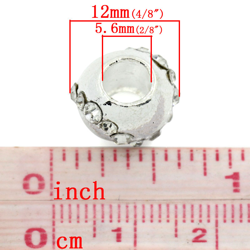 Изображение Бусины В Стиле Пандора Круглые, Посеребренный Цвет стразов: Прозрачный, 12.0мм x 10.0мм, 5.6мм, 5 ШТ