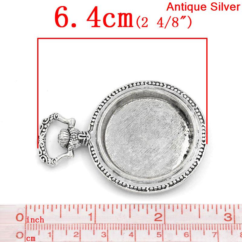Picture of Zinc Based Alloy Cabochon Setting Pendants Pocket Watch Antique Silver Color (Fits 33mm Dia.) 6.4cm x 4.5cm, 2 PCs