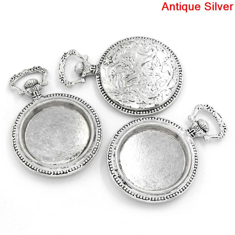 Picture of Zinc Based Alloy Cabochon Setting Pendants Pocket Watch Antique Silver Color (Fits 33mm Dia.) 6.4cm x 4.5cm, 2 PCs