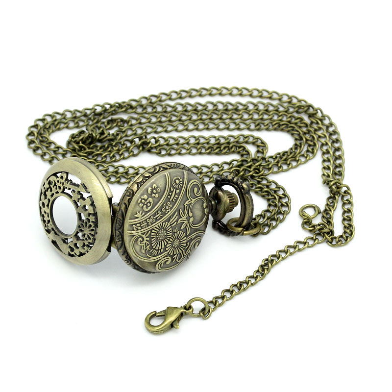 Picture of Pocket Watches Antique Bronze Hollow Flower Rabbit Carved Battery Included 85cm long(33 4/8"),1Piece