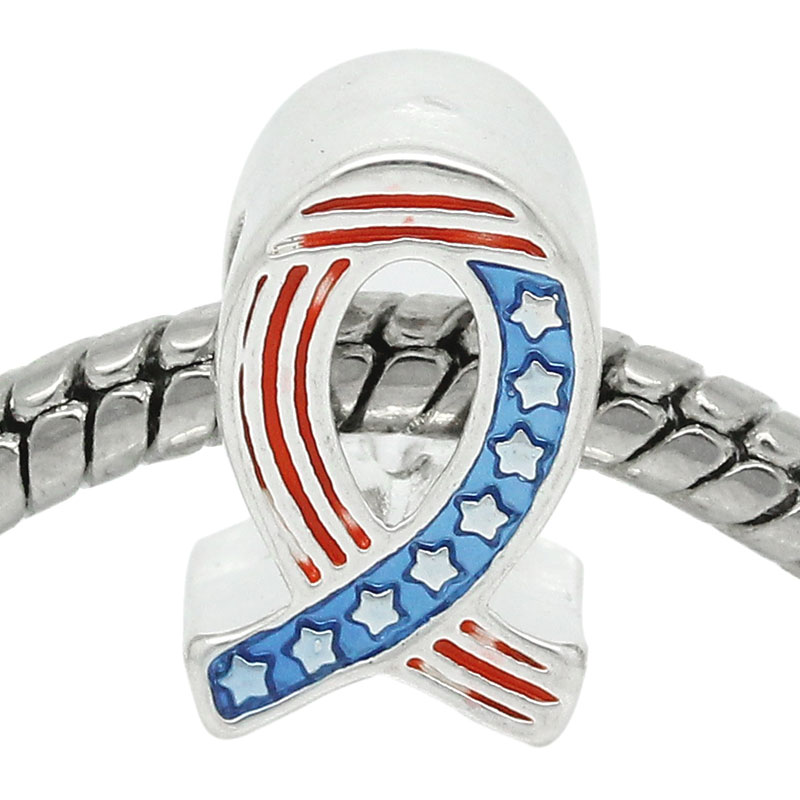 Picture of Zinc Metal Alloy European Style Large Hole Charm Beads Ribbon Silver Plated Stripe & Star Carved Red & Blue Enamel About 13mm x 8mm, Hole: Approx 4.6mm, 10 PCs