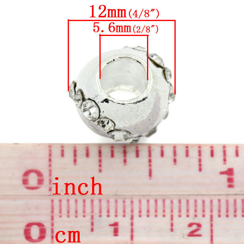Изображение Бусины В Стиле Пандора Круглые, Посеребренный Цвет стразов: Прозрачный, 12.0мм x 10.0мм, 5.6мм, 5 ШТ
