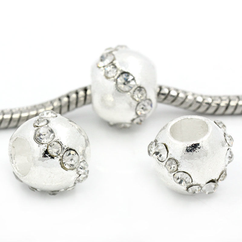 Изображение Бусины В Стиле Пандора Круглые, Посеребренный Цвет стразов: Прозрачный, 12.0мм x 10.0мм, 5.6мм, 5 ШТ