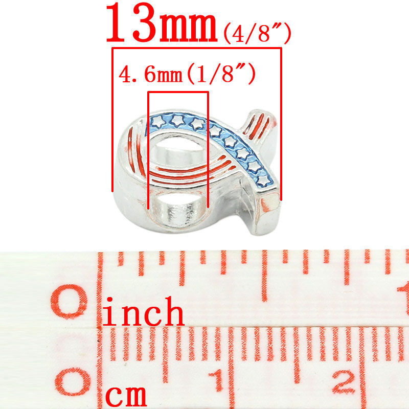 Picture of Zinc Metal Alloy European Style Large Hole Charm Beads Ribbon Silver Plated Stripe & Star Carved Red & Blue Enamel About 13mm x 8mm, Hole: Approx 4.6mm, 10 PCs