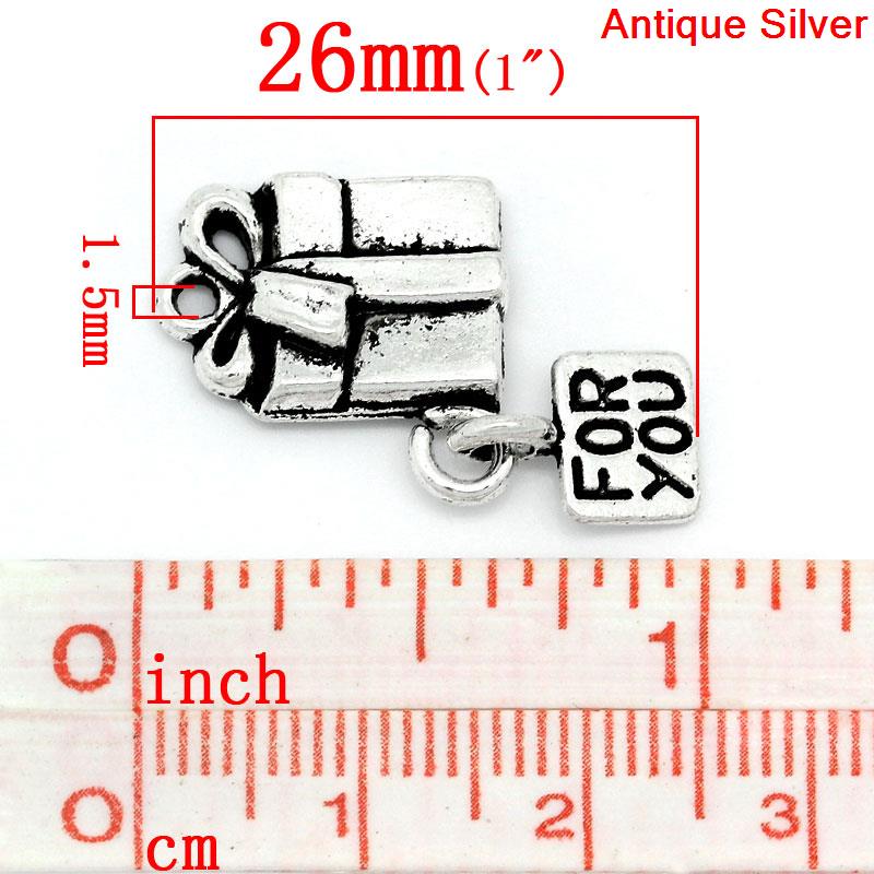 Picture of Charm Pendants Christmas Gift Box Antique Silver Color "For You" Message Carved 26x16mm,20PCs