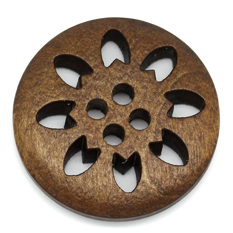 Picture of Natural Wood Sewing Buttons Scrapbooking 4 Holes Round Brown Christmas Snowflake Carved 25mm(1") Dia, 50 PCs