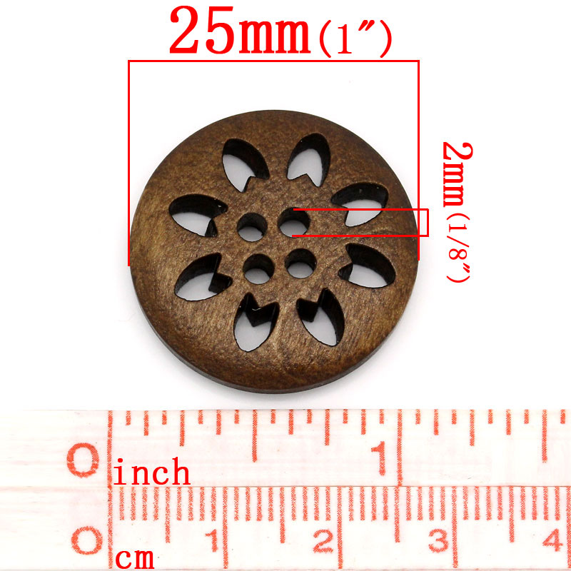 Picture of Natural Wood Sewing Buttons Scrapbooking 4 Holes Round Brown Christmas Snowflake Carved 25mm(1") Dia, 50 PCs