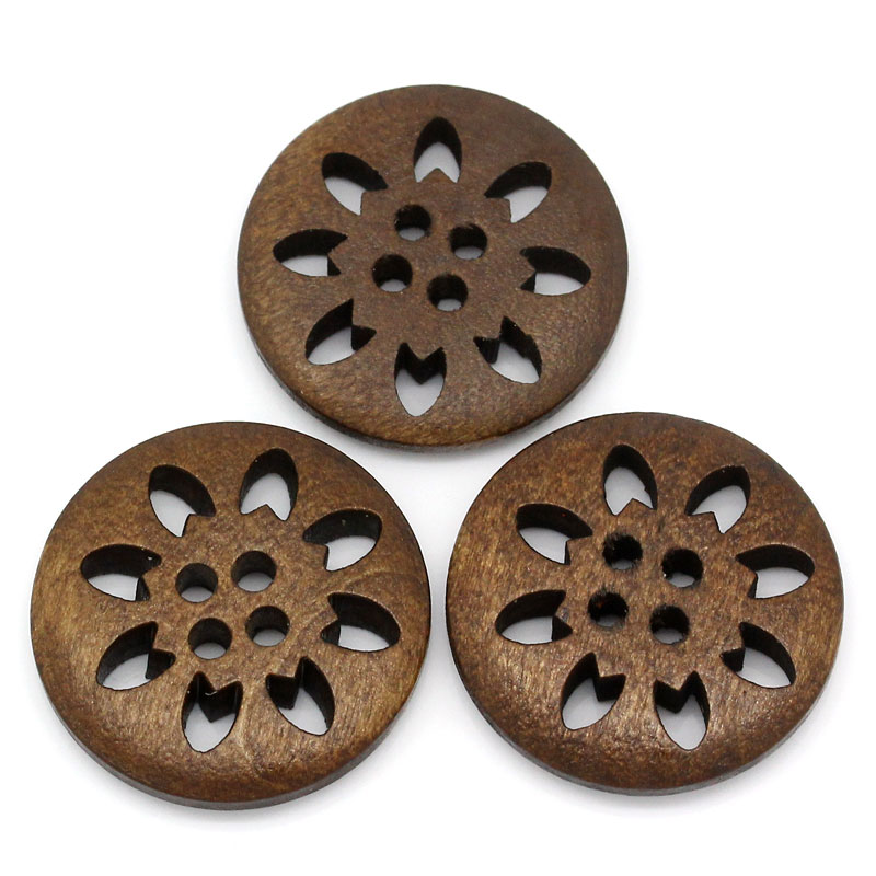 Picture of Natural Wood Sewing Buttons Scrapbooking 4 Holes Round Brown Christmas Snowflake Carved 25mm(1") Dia, 50 PCs