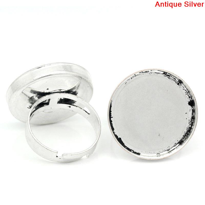 Picture of Brass Adjustable Cabochon Settings Rings Round Antique Silver Color (Fits 25mm Dia) 19.5mm( 6/8")(US Size 9.5), 10 PCs